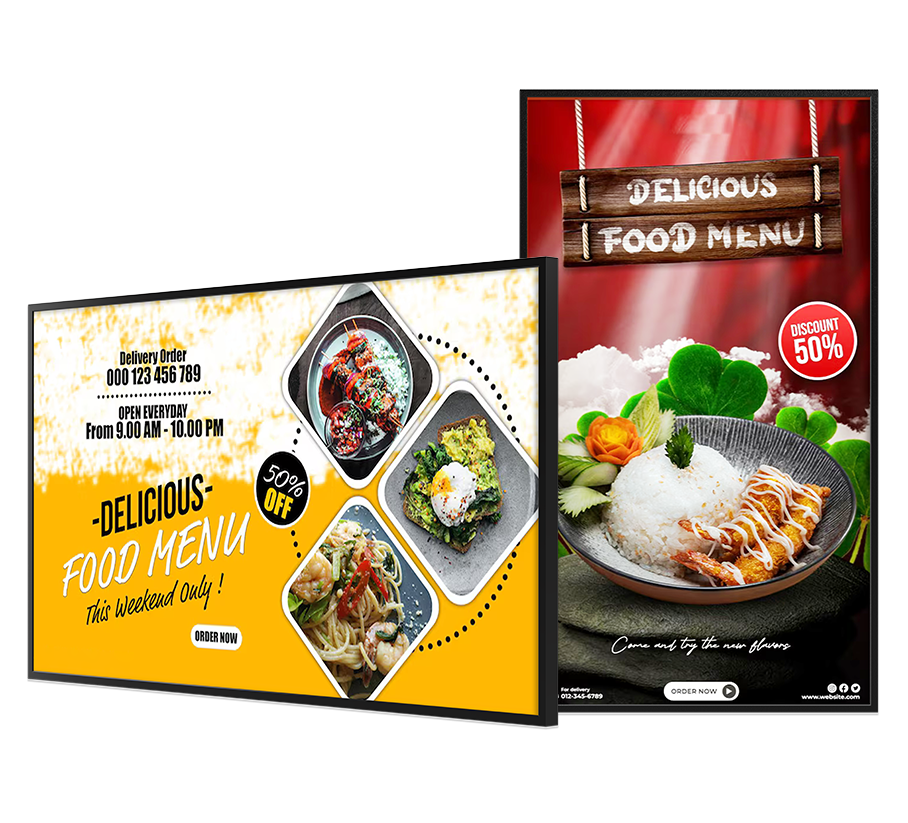 Wall mounted digital display screen can be used as menu board in restaurant