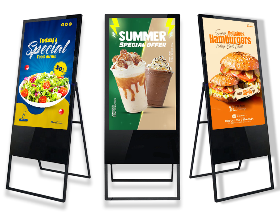 3 angles of the front of portable digital signage