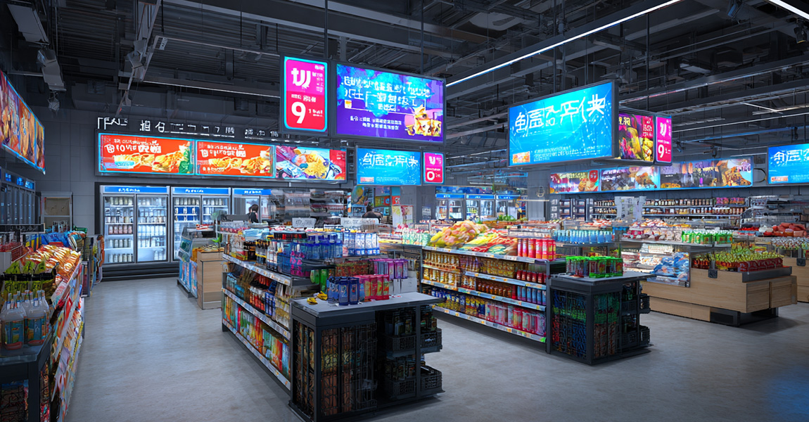 Modern convenience store interior with digital displays showcasing promotional content.