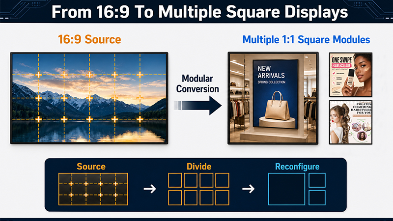 16:9 source content divided and reconfigured for multiple 1:1 square LCD display modules