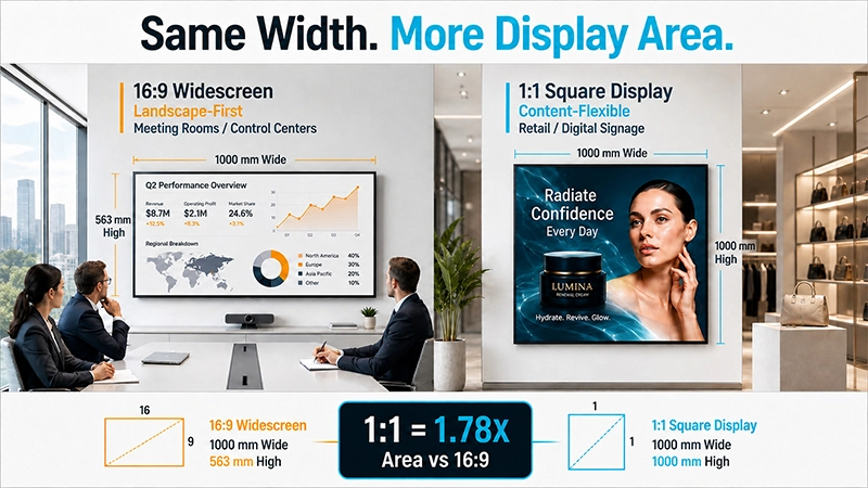 1:1 square LCD display and 16:9 widescreen compared at the same 1000 mm width