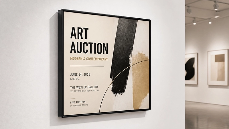 Wall-mounted square LCD display promoting a contemporary art auction in a gallery