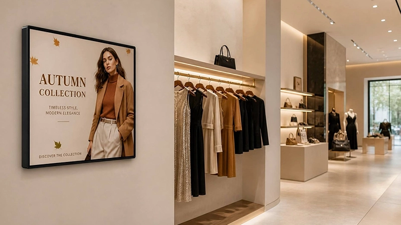 Square digital signage displaying an autumn fashion campaign inside a retail clothing store