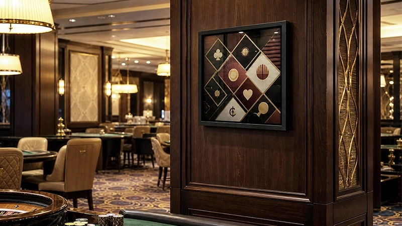Square LCD display with playing-card graphics installed on a casino lounge wall