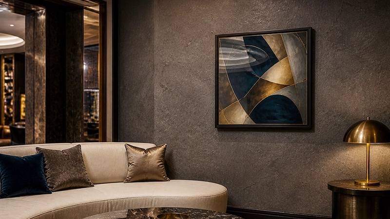 Wall-mounted square LCD display showing abstract artwork in a hotel lounge interior