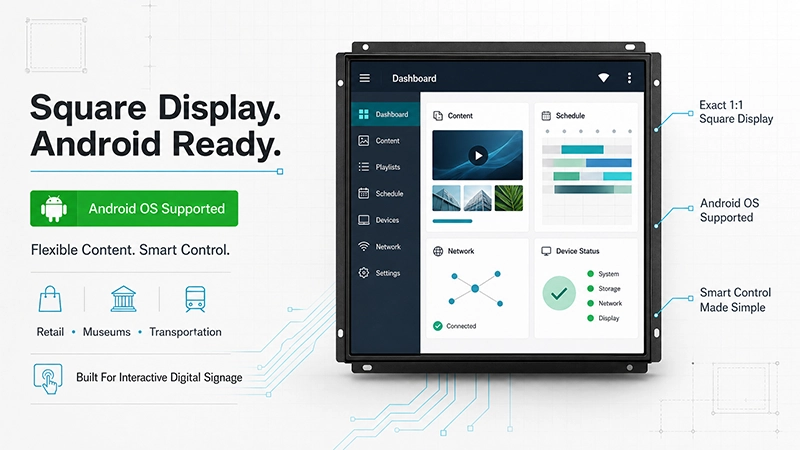 Android square LCD display dashboard with content scheduling, network status and device management controls