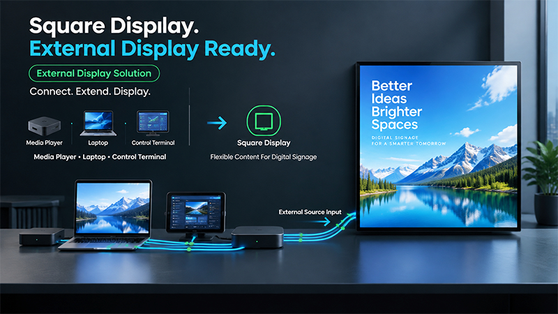 External media player, laptop and control terminal connected to a square LCD display External media player, laptop and control terminal connected to a square LCD display