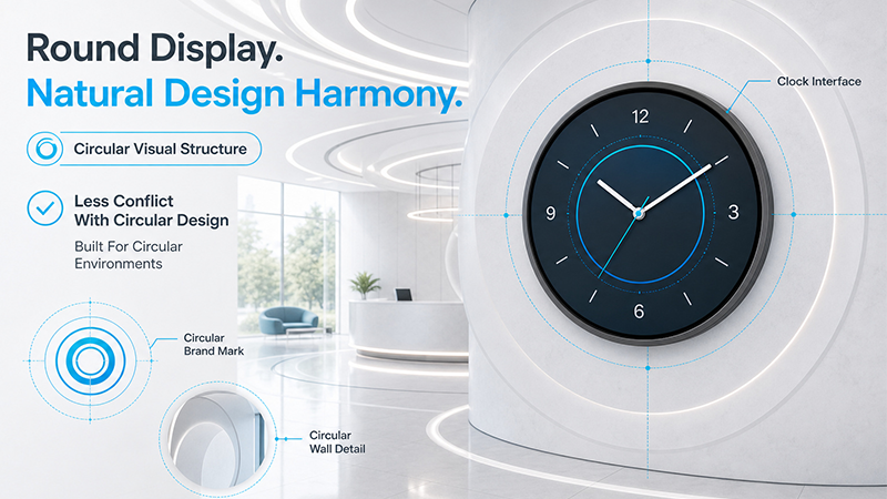 Round LCD display with a clock interface integrated into a circular commercial interior design Round LCD display with a clock interface integrated into a circular commercial interior design