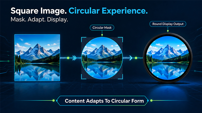 Square landscape image converted with a circular mask for round LCD display content
