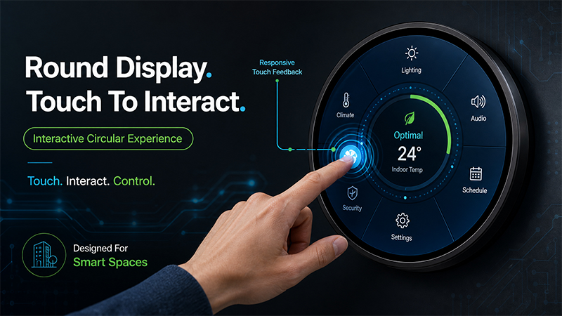Interactive round LCD touch screen with a circular smart building control interface